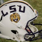 LSU helmet seen before Tigers football game.