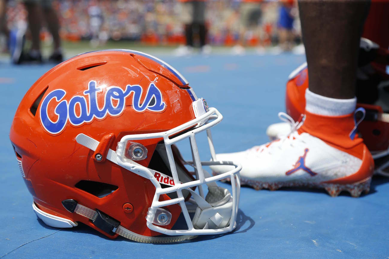 A Florida helmet is shown on the sideline.