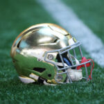 Notre Dame helmet shown pregame.