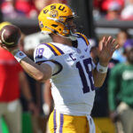 Garrett Nussmeier throws a pass.