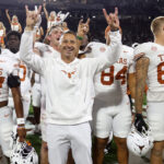 Texas coach Steve Sarkisian celebrates a win.